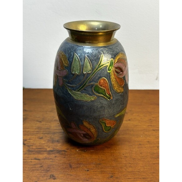 Vintage Brass & Enamel Painted Cloisonné Floral Bud Vase 5” Tall - Picture 2 of 9